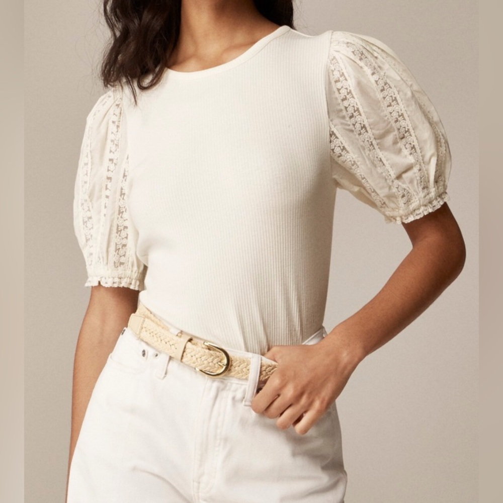 J Crew Vintage rib top with lace puff sleeves. NWT